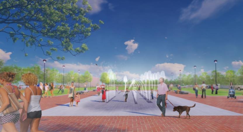 Architectural rendering of updated City Park Fountain and surrounding green space.